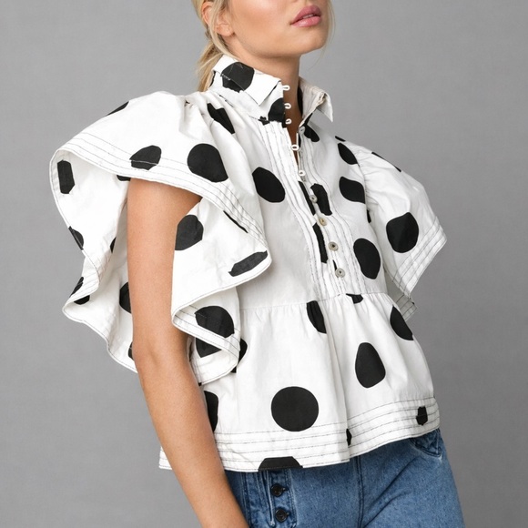 BUCKETLIST Tops - NWOT!! BUCKETLIST 100% Cotton Ruffled Short Sleeve White/Black Polka Dot Blouse